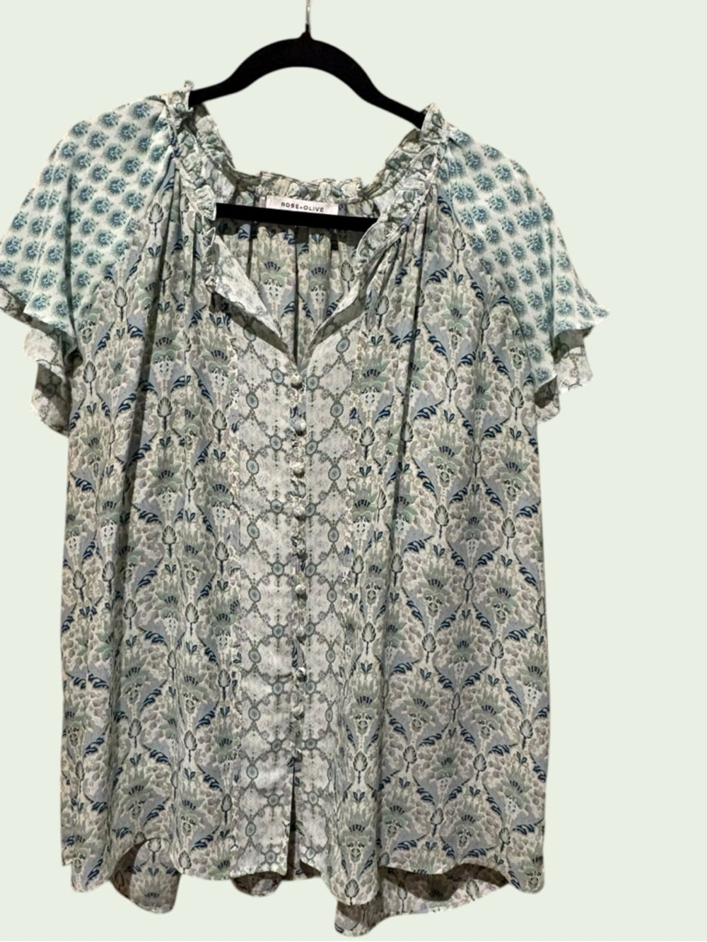 Rose & Olive Blue and Sage Floral Button-Front Blouse